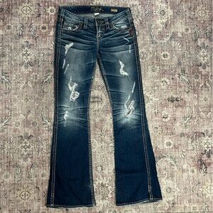 Silver Jeans Distressed Medium-Dark Blue Flare Jeans